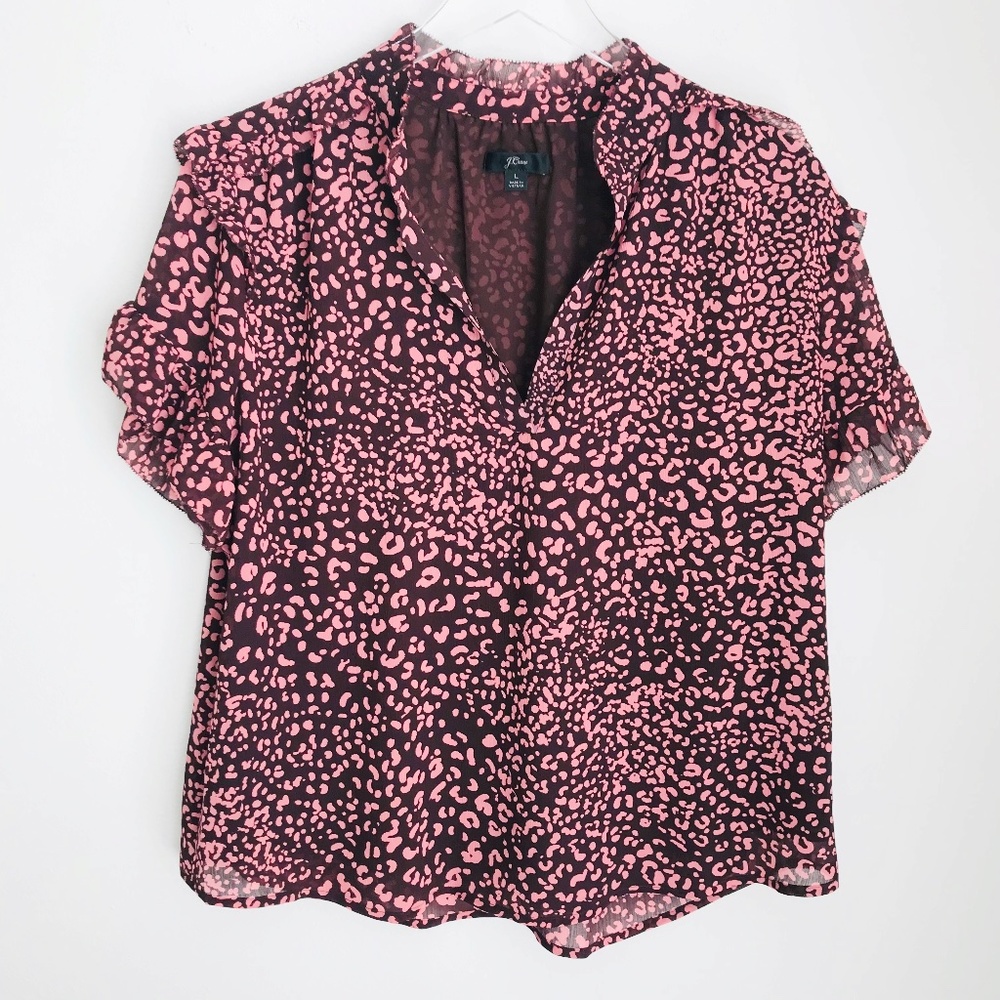 J Crew Leopard Print Popover Short Sleeve Blouse Size L Ruffle V-Neck Brown Pink